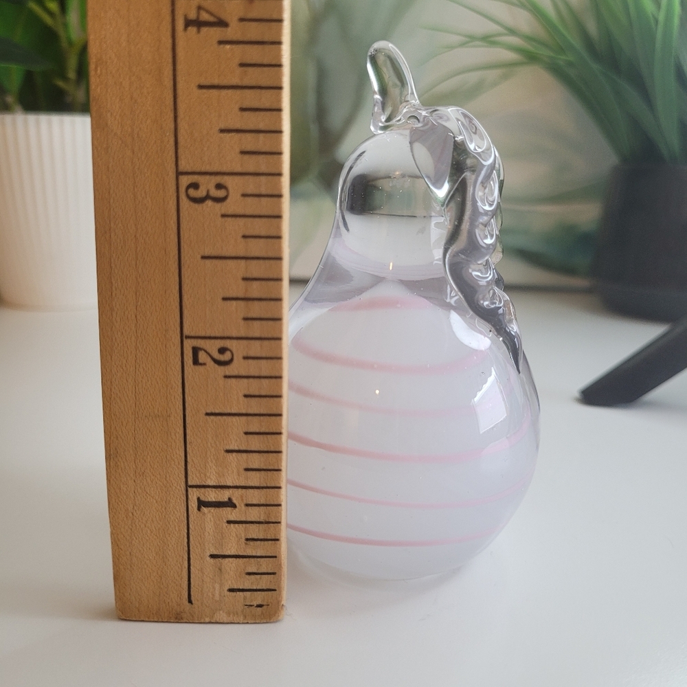 Glass Pear Paperweight with Pink And White Swirls Clear Encased